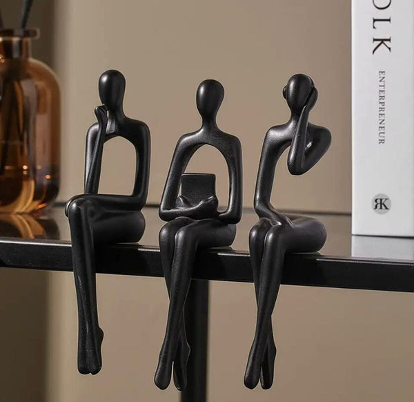 Escultura Decorativa Abstrata Pensador Contemporâneo (Kit 03 Unidades) Resina - 0013 Viva Lumi Preto 