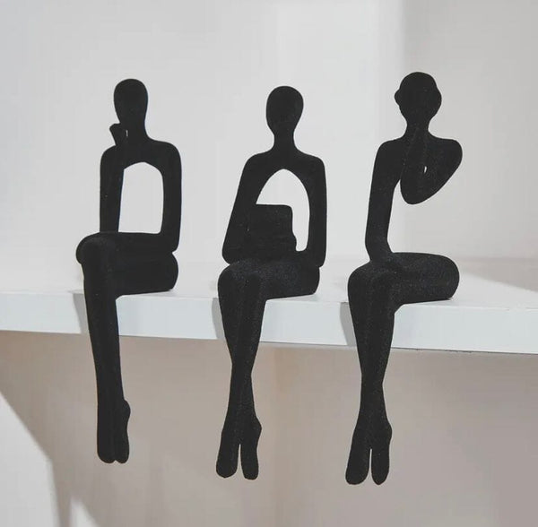 Escultura Decorativa Abstrata Pensador Contemporâneo (Kit 03 Unidades) Resina - 0013 Viva Lumi Preto Aveludado 